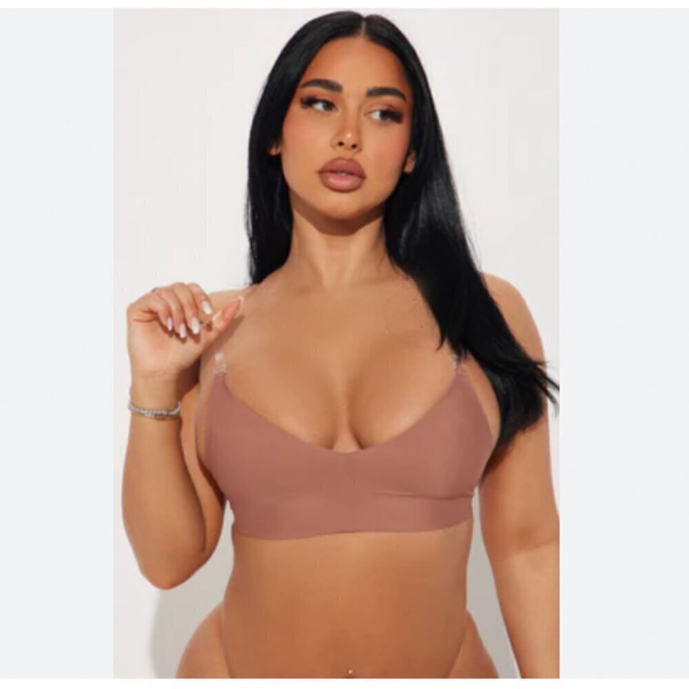 Fashion Nova No Show Microfiber Clear Strap Bralette in Mocha